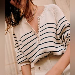 Sezane Leontine Jumper, Ecru and Navy, Medium